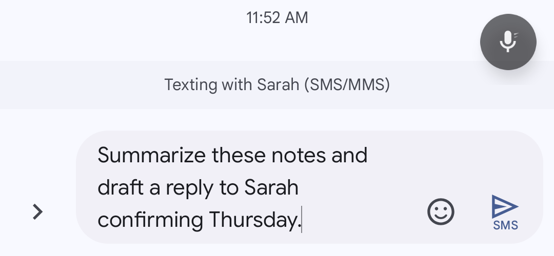 A real capture of Fastspoken on Android: a dictated sentence landed in the Messages compose field, ready to send, with the floating mic bubble and no keyboard on screen
